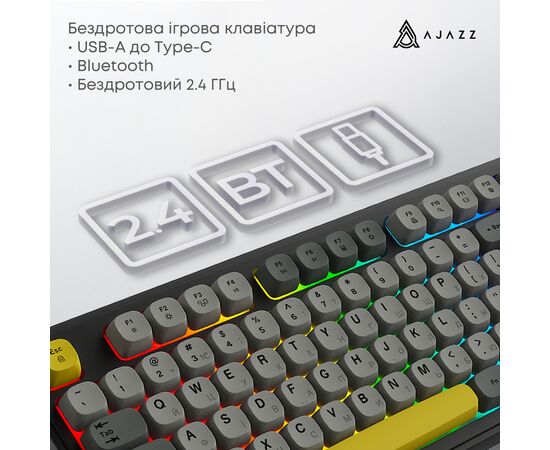 Клавиатура Ajazz AF98 Plus Wireless/Bluetooth/USB UA Black/Grey/Yellow (AF98-PLUS-BGY), изображение 7