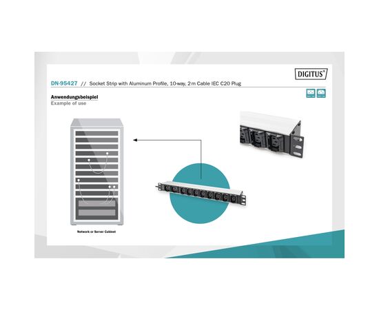 Силовой блок 19" 1U w/PDU 8xC13, 2xC19, 16A, 250V, вилка C20 Digitus (DN-95427), изображение 2