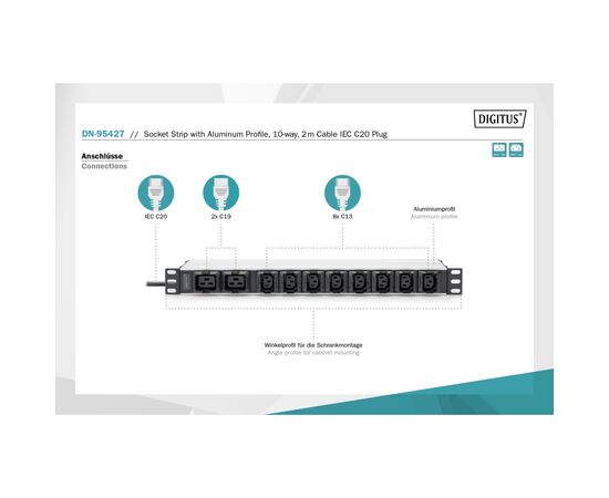Силовой блок 19" 1U w/PDU 8xC13, 2xC19, 16A, 250V, вилка C20 Digitus (DN-95427), изображение 3