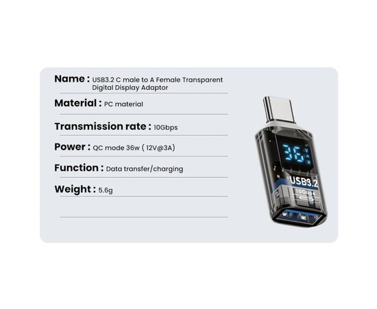 Переходник OTG USB 3.2 AF to USB-C M 10Gbps QC 36W with display XoKo (AC-322UTC), изображение 3