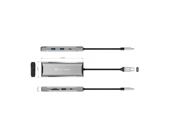 Порт-репликатор J5create Dock-Station USB-C 10Gbps, 7-in-1 (хаб/HDMI/PD/картридер) (JCD393-N), изображение 6