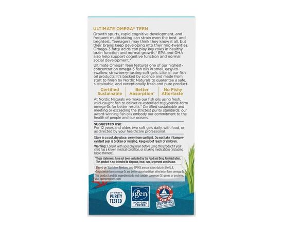 Витаминно-минеральный комплекс Nordic Naturals Омега-3, рыбий жир для подростков, вкус клубники, Teen, Ultima (NOR-06110), изображение 3