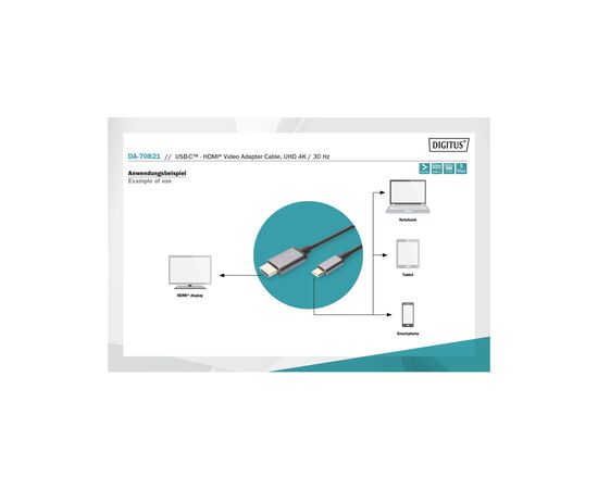 Кабель мультимедійний USB-C to HDMI M 1.8m UHD 4K Digitus (DA-70821), зображення 5