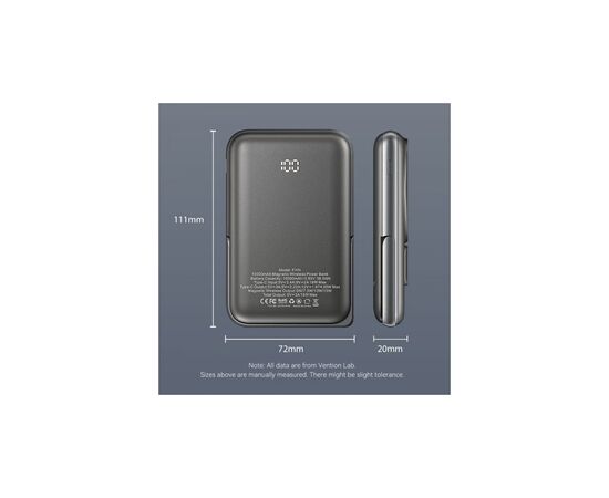 Батарея универсальная VENTION Magnetic Wireless 10000mAh 20W PD USB-C In/Out, QI-15W Black (FHNB0), изображение 3