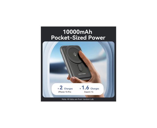 Батарея универсальная VENTION Magnetic Wireless 10000mAh 20W PD USB-C In/Out, QI-15W Black (FHNB0), изображение 5