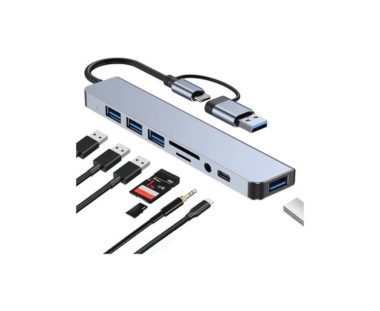 Концентратор Dynamode USB-C/A 8-in-1 1xUSB-C + 1xUSB 3.0 + 3xUSB 2.0 + 3.5mm audio + SD/TF silver (BYL-2218TU), изображение 2
