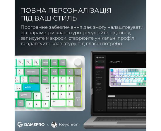 Клавиатура GamePro Asgard Drakkar Keychron Super Red Switch Wireless/Bluetooth/USB UA White (MK305WH), изображение 12