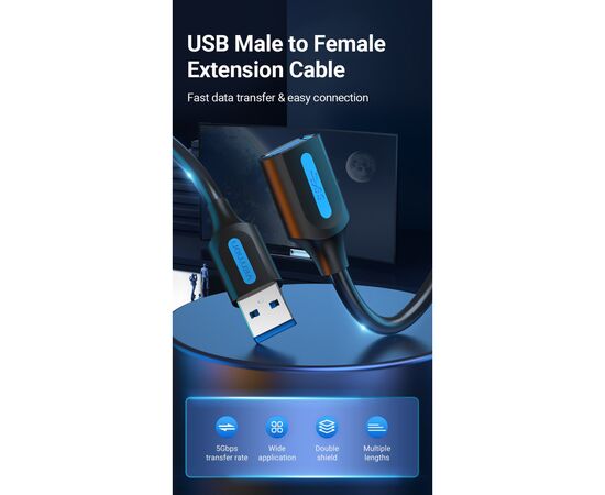 Дата кабель USB 2.0 AM/AF 1.5m black VENTION (CBIBG), изображение 6