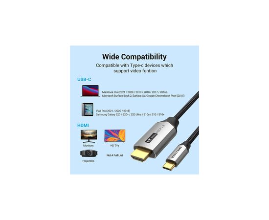 Кабель мультимедийный USB-C to HDMI M 2.0m V2.0 4K 60Hz black VENTION (CRBBH), изображение 6