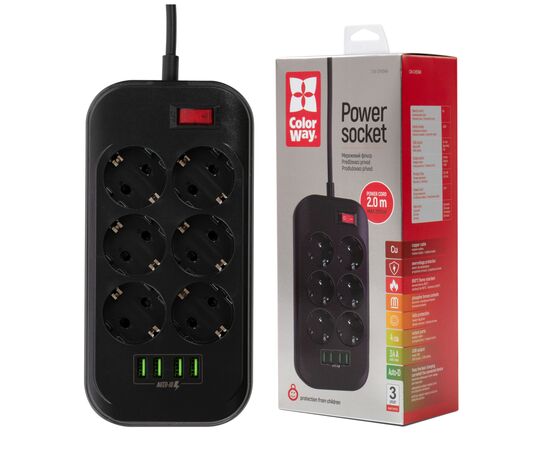 Сетевой фильтр питания ColorWay CW-CHE64B, 6 розеток/4USB Black (CW-CHE64B), изображение 12
