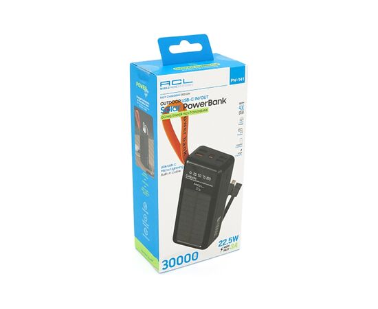 Батарея универсальная ACL 30000mAh, Solar, 22.5W, cables Type-C + Lighting, Black (ACL PW-141), изображение 5