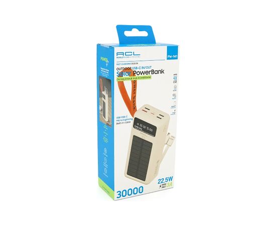 Батарея універсальна ACL 30000mAh, Solar, 22.5W, cables Type-C + Lighting, White (ACL PW-141W), зображення 4