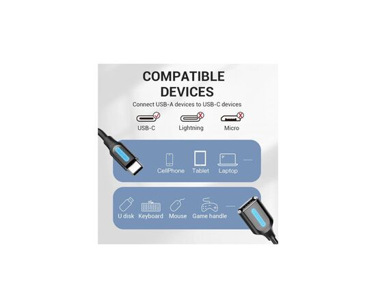 Переходник OTG USB 2.0 AF to USB-C 0.15m black VENTION (CCSBB), изображение 4