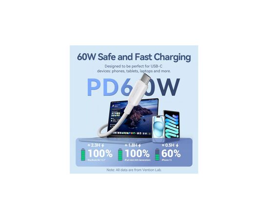 Дата кабель USB-C to USB-C 1.0m 60W white VENTION (TRCWF), изображение 5