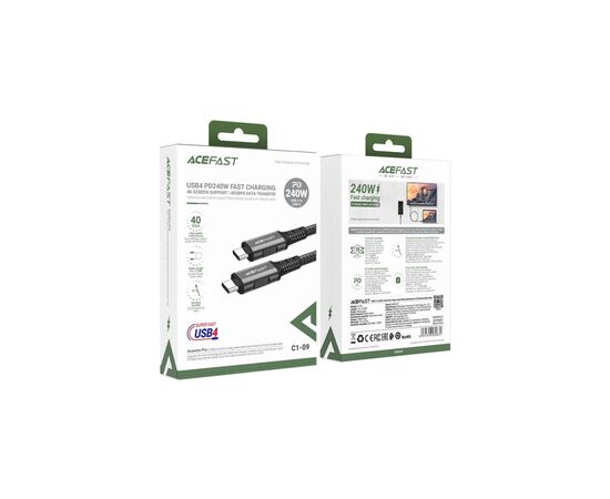 Дата кабель USB-C to USB-C 1.0m USB 4.0 240W audio/video black-grey Acefast (6974316282631), изображение 3