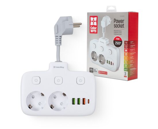 Сетевой фильтр питания ColorWay CW-CHE24PDW 2 розетки/4USB (CW-CHE24PDW), изображение 2