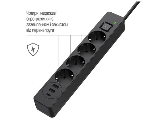 Сетевой фильтр питания ColorWay CW-CHE432PDB, 4 розетки/3USB 2M (CW-CHE432PDB), изображение 10