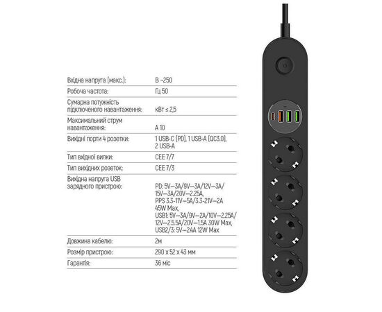 Сетевой фильтр питания ColorWay CW-CHE44PDB, 4 розетки/4USB 2M (CW-CHE44PDB), изображение 7