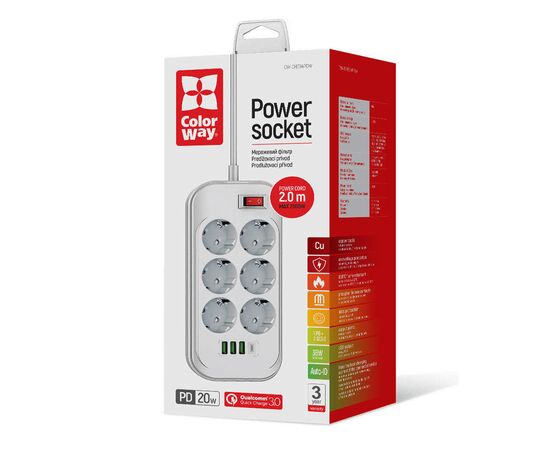 Сетевой фильтр питания ColorWay CW-CHE64PDW, 6 розеток/4USB 2M (CW-CHE64PDW), изображение 2