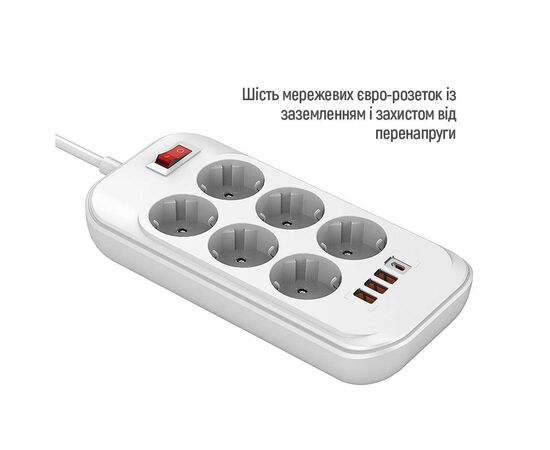 Сетевой фильтр питания ColorWay CW-CHE64PDW, 6 розеток/4USB 2M (CW-CHE64PDW), изображение 4