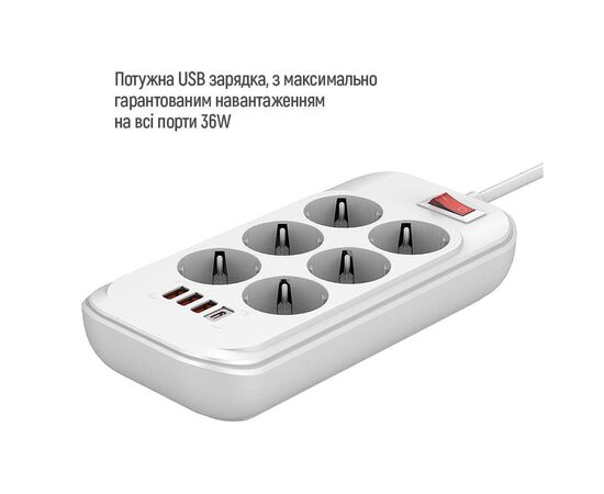 Сетевой фильтр питания ColorWay CW-CHE64PDW, 6 розеток/4USB 2M (CW-CHE64PDW), изображение 5
