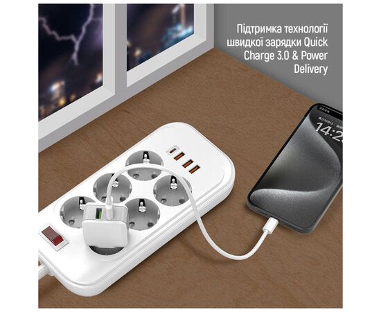 Сетевой фильтр питания ColorWay CW-CHE64PDW, 6 розеток/4USB 2M (CW-CHE64PDW), изображение 7