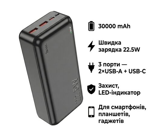Батарея универсальная HOCO 30000mAh Astute 22.5W PD QC Black (J101B / 714732), изображение 4