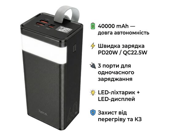Батарея универсальная HOCO 40000mAh Powermaster PD/20W, QC/22.5W, Lamp, Black (J86 / 714737), изображение 4