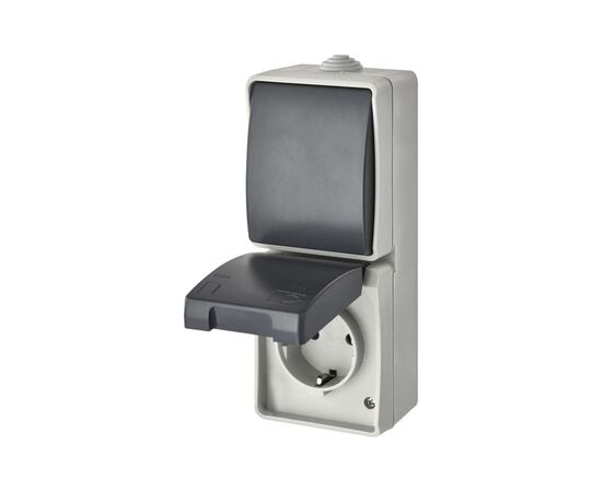 Розетка EMOS + вимикач прохідний вертикальний зовнішній сірий IP44 (A1396.4), изображение 2