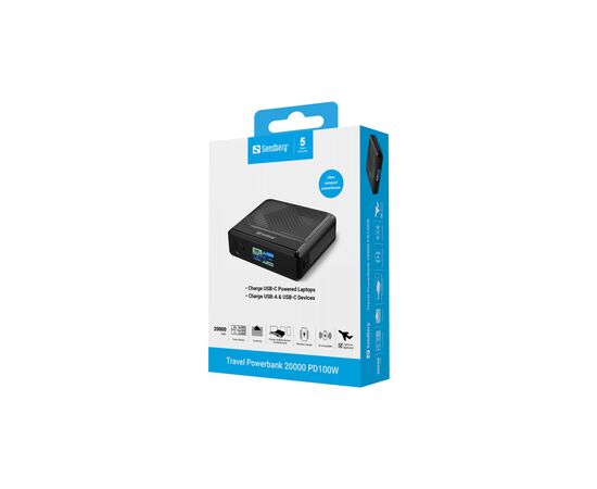 Батарея универсальная Sandberg 20000mAh Travel PD/100W, QC/3.0, QI 15W, Power-Through (421-25), изображение 5