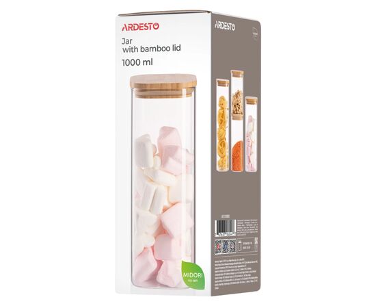 Емкость для сыпучих продуктов Ardesto Midori 1000мл, скло, бамбук, квадратна, прозорий (AR1310BBS), изображение 4