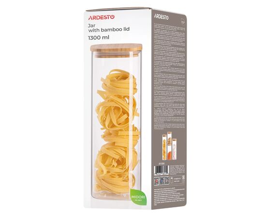 Емкость для сыпучих продуктов Ardesto Midori 1300мл, скло, бамбук, квадратна, прозорий (AR1313BBS), изображение 4