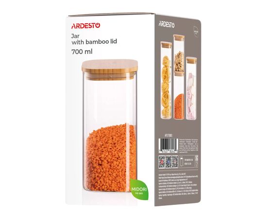 Емкость для сыпучих продуктов Ardesto Midori 700мл, скло, бамбук, квадратна, прозорий (AR1370BBS), изображение 4