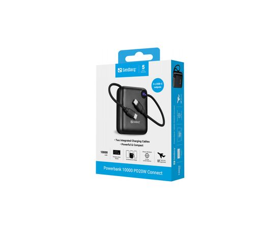Батарея универсальная Sandberg 10000mAh PD/3.1/20W, QC/3.0, USB-C In/Out, with 2 cables USB-C (421-26), изображение 6