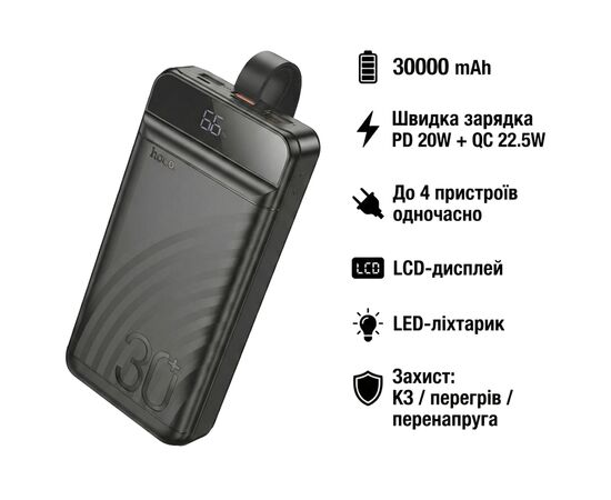 Батарея универсальная HOCO 30000mAh Element PD/20W, QC/22.5W, LED Lamp, Black (J123B / 714735), изображение 4