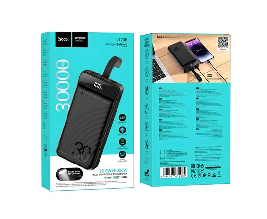 Батарея универсальная HOCO 30000mAh Element PD/20W, QC/22.5W, LED Lamp, Black (J123B / 714735), изображение 5