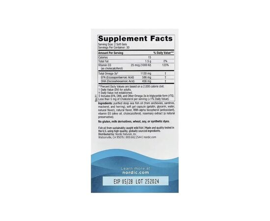 Витаминно-минеральный комплекс Nordic Naturals Омега-3 и витамин D3, 1120 мг и 25 мкг (1000 МЕ), вкус лимона, Ultima (NOR-06105), изображение 2