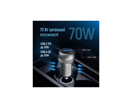 Зарядное устройство ColorWay USB-C PD35W + USB QC3.0 car adapter (CW-CHA066PD-GR), изображение 7