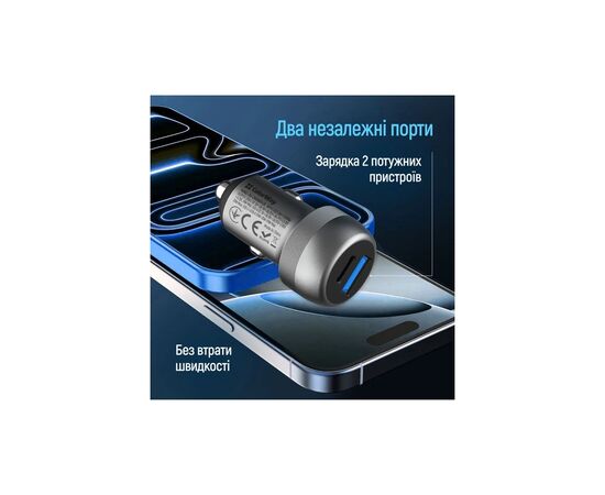 Зарядное устройство ColorWay USB-C PD35W + USB QC3.0 car adapter (CW-CHA066PD-GR), изображение 8