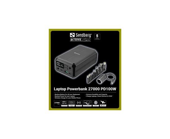 Батарея универсальная Sandberg 27000mAh Laptop DC1224v 84W, PD/100W, QC/3.0, QI/10W, PowerThrough (421-13), изображение 7