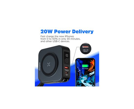 Батарея универсальная Energizer Magnetic Wireless 10000mAh 20W PD, AC зарядка, QI/15W, built-in USB-C (QM10001AC), изображение 11
