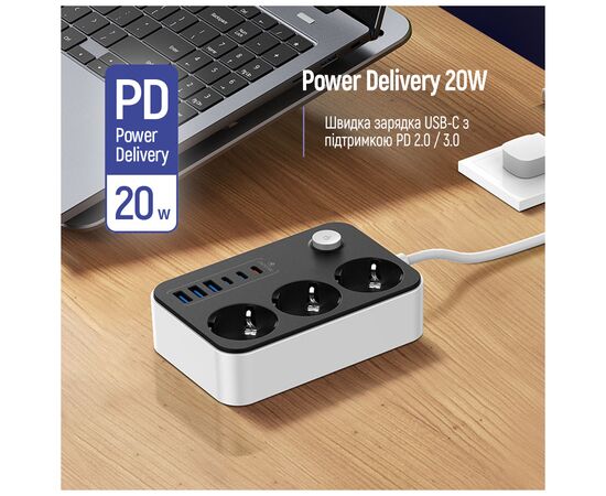Мережевий фільтр живлення ColorWay CW-CHE36PDB, 3 розетки/ 3USB + 3TYPE-C 2M (CW-CHE36PDB), зображення 8