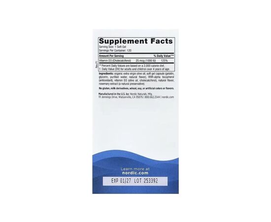 Вітамінно-мінеральний комплекс Nordic Naturals Вітамін D3, 25 мкг (1000 МО), смак апельсину, Vitamin D3, 120 міні до (NOR-01600), зображення 2