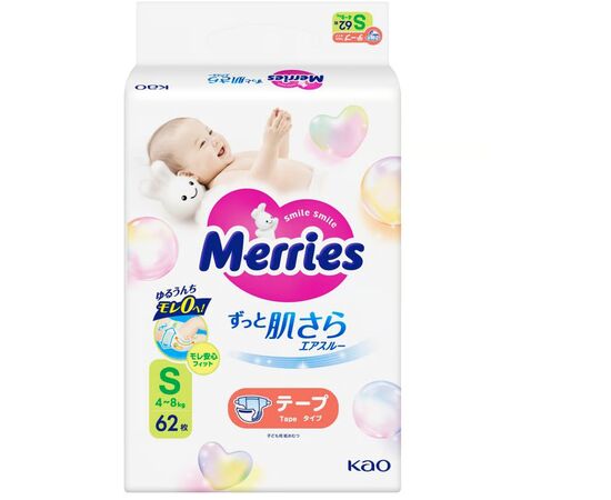 Подгузники Merries розмір S (4-8 кг) 62 шт (4901301437709)