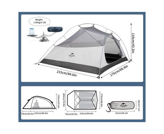 Намет Naturehike надлегкий тримісний з футпринтом Cloud Up 3 UL NH18T030-T-T, 20D, темно-синій (6927595783290), зображення 5