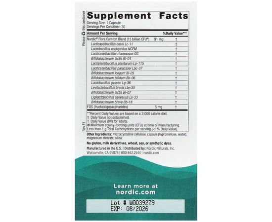 Вітамінно-мінеральний комплекс Nordic Naturals Пробіотики, 15 млрд КУО, Nordic Flora Probiotic, Comfort, 30 капсул (NOR-01676), зображення 2