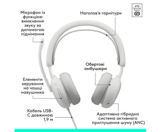 Навушники Logitech Zone Wired 2 USB White (981-001621), зображення 6
