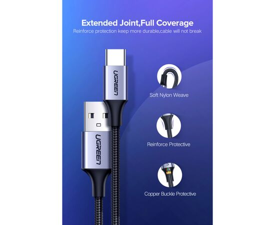 Дата кабель USB 2.0 AM to USB-C 0.25m 3A aluminum braid nickel plating black Ugreen (60124), зображення 5