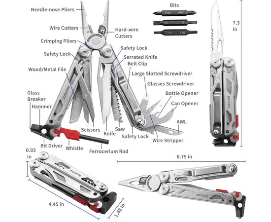 Мультитул Rocktol 22-в-1 з нейлоновим чохлом, кресалом, свистком та бітами (SK04), зображення 12