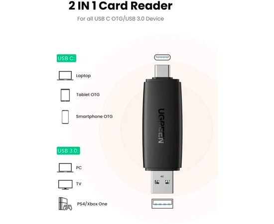 Считыватель флеш-карт Ugreen USB-C + USB to TF/SD 3.0 CM304 black (80191), изображение 2